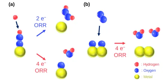 Figure 1.12. Schematic illustrations of (a) associative and (b) dissociative mechanism of the ORR on  metal catalysts