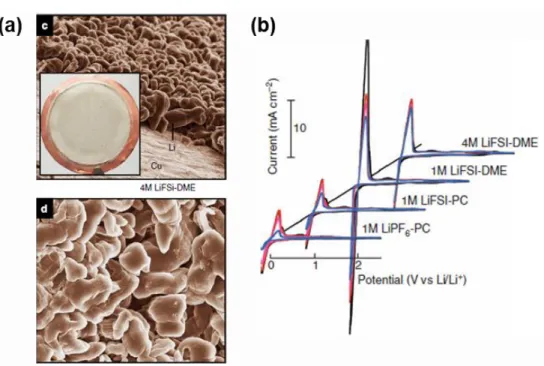 Figure 7. (a) SEM images after deposition on Cu substrate. (b) Cyclic voltammetry (CV) of Li plating  and stripping in each electrolyte with Pt disk and Li metal anodes [5]