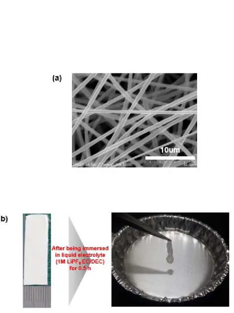 Figure 10. (a) A SEM image of electrospun PVP nanofiber mat. (b) A photograph showing the  structural disruption of electrospun PVP nanofiber mat after being immersed in liquid electrolyte (1M  LiPF6 in EC/DEC = 1/1 (v/v))