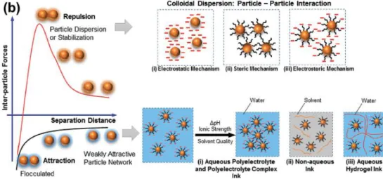 Figure 5. Schematic illustration of the interparticle interactions between colloids. Repulsion forces can  be created by electrostatic, steric, and combined electrosteric mechanisms (top image)
