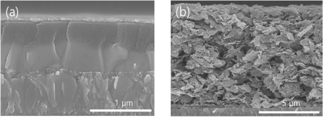 Fig 2.5 Cross-sectional SEM images of perovskite photoelectrode: (a) with gold (b) graphite paste as  a conductive layer 
