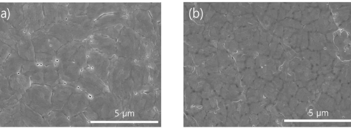 Fig 2.4 SEM images of the CsPbI 2 Br perovskite layer surface (a) before and (b) after the PEAI  treatment 
