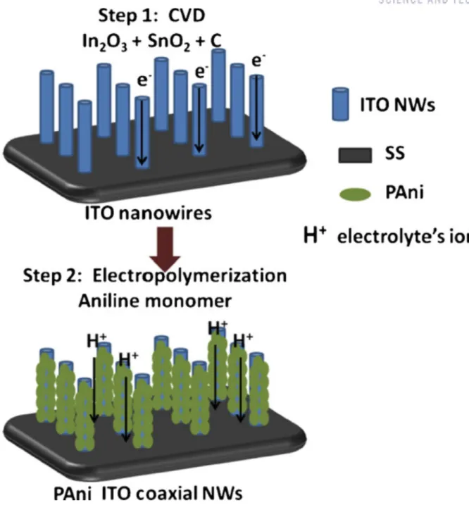 Figure 1.5. Schematic procedure for the preparation PANI ITO coaxial nanowires array and the design  approach  to  improve  the  charge  transport  process  within  the  active  materials