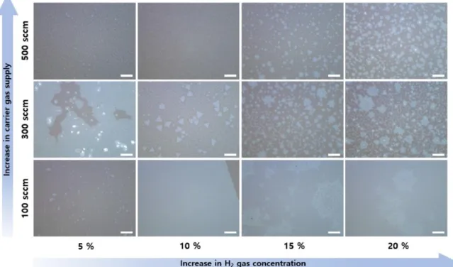 Figure  2.5.  Influence  of  the  total  amount  of  carrier  gas  and  H 2   gas  concentration  on  the  MoSe 2