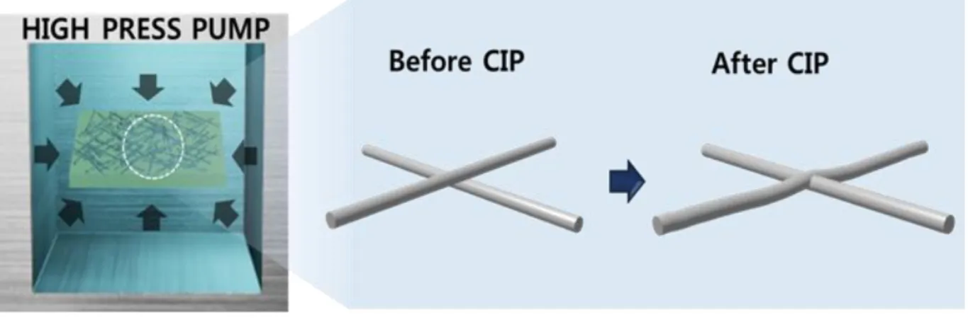 Figure 4.1. Schematic design of the silver nanowire (AgNW) electrode using cold isostatic pressing  (CIP) for the junctions onto a situated plastic substrate in liquid