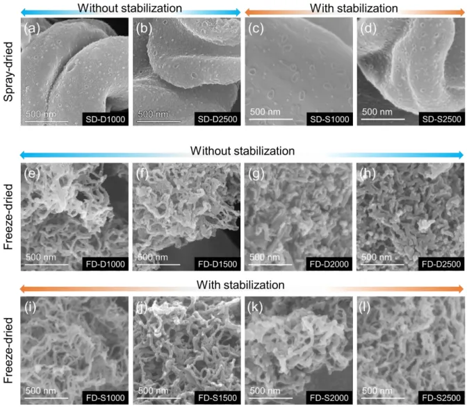 Figure 3.9 SEM images of (a-d) SD- and (e-l) FD-CNCs after carbonization with or without stabilization  process