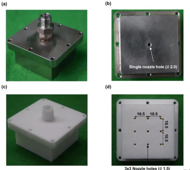 Fig. 6. Experimental model of impinging jet nozzle: (a, b) single impinging jet nozzle (c, d) 3D  printed impinging jet array nozzle