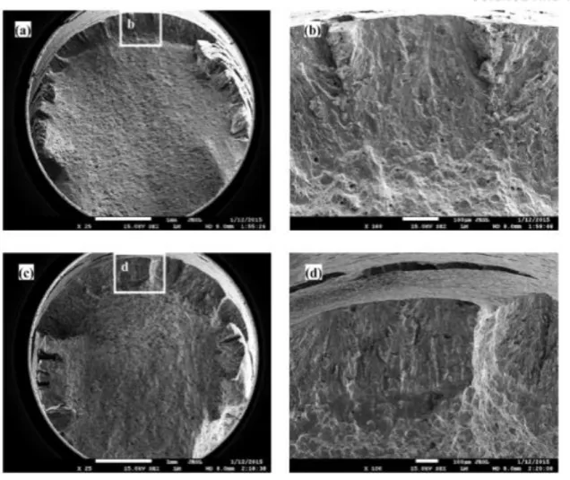 Figure 2.10 Fractography of (a and b) solution-treated and (c and d) cold-drawn specimens in an  abnormal water containing chloride