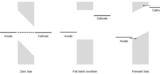 Figure 2.6. Schematic band diagram of PeLEDs with different applied bias. 
