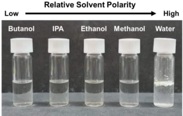 Figure 3.2. Images of TrDAI ligand solution dissolved in different polar solvents; butanol, iso-propyl  alcohol (IPA), ethanol, methanol, and water