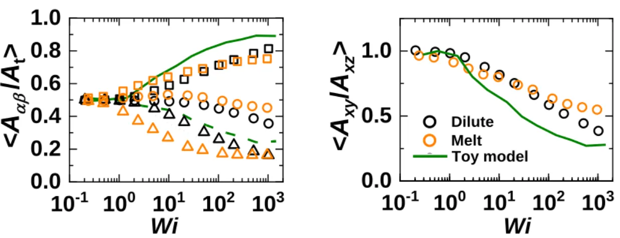 Figure  2.3.3. (Left) Area projected from the intrinsic  surface  of the ring  into three  xy-  (circles and  dashed line),  xz- (squares and solid line), and  yz- (triangles and dotted line) planes for melt (orange  symbols), dilute (black symbols), and t