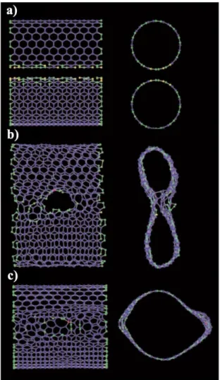 Figure 1.14  Coalescence between two parallel (10,10) carbon nanotubes into a larger diameter tube  [side (left), cross section (right) (a) the creation of 20 vacancies in two adjacent nanotubes (b) The  connected two carbon nanotubes with “zipping” mechan