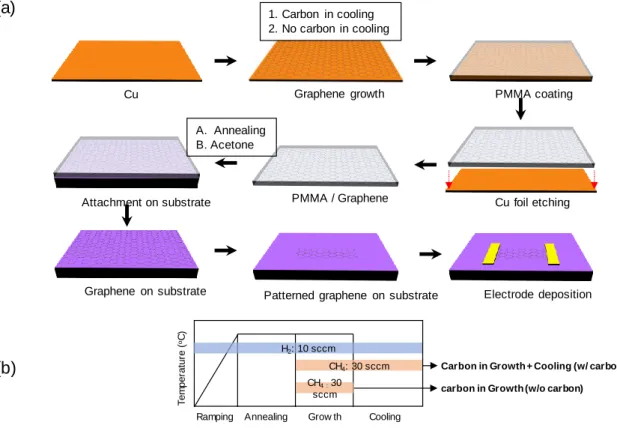 Figure 5.1 Synthesis process of graphene. (a) Total 4 type of graphene were synthesized with  controlling  whether  releasing  carbon  precursor  during  cooling  process  or  not,  and  whether  PMMA film is removed using acetone or annealing treatment