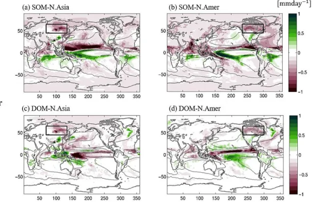 Fig. 3.1.3. The response of annual mean global precipitation (shading) for (a) SOM-N.Asia, (b) SOM- SOM-N.Amer, (c) DOM-N.Asia, and (d) DOM-N.Amer