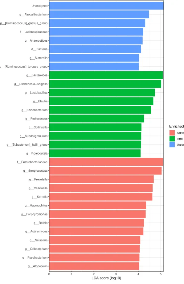 Figure 6: LDA histogram of microbiome in saliva, tissue, and stool of CD patients 