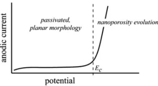 Figure 1.7. Typical current-potential plot of electrochemical dealloying 18 . E c  is the critical potential 