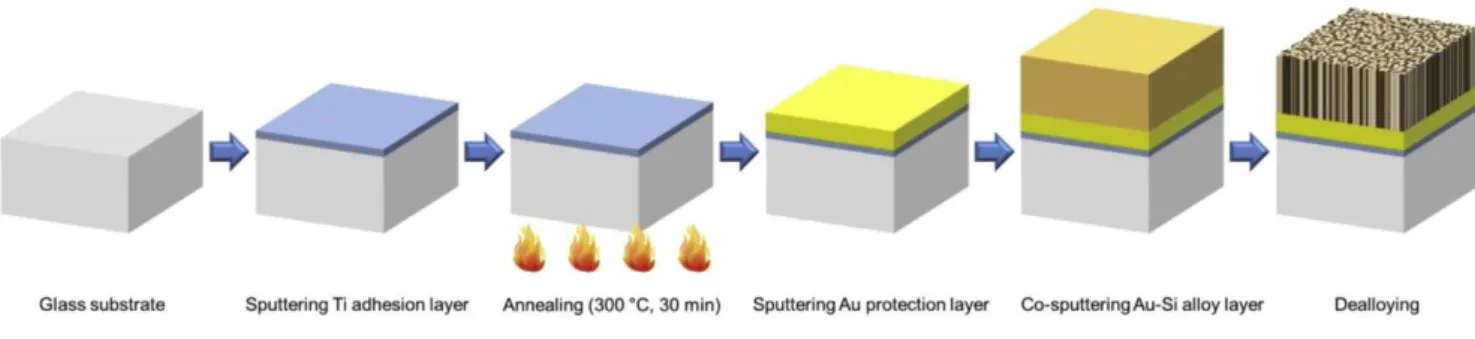 Figure 3.1 shows a schematic of preparation process of NPG films on glass substrates. Titanium,  gold, and Au–Si (alloy layer) were deposited on glass substrates by sputtering