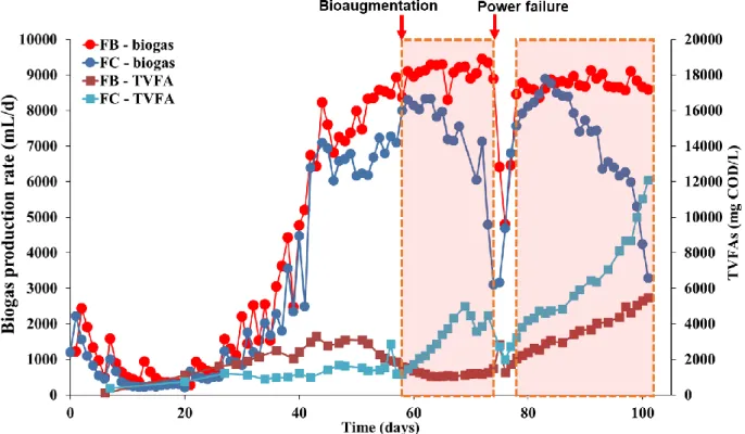 Figure 2-4. Biogas production and VFAs concentration profiles during the CSTR operation