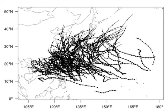 Figure 2.1. Best track of Regional Specialized Meteorological Centers Tokyo which is over Tropical  cyclone from June to November in 2006-2015 for WRF simulation in this study