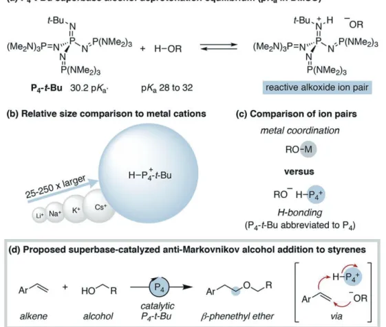 Figure 1.9.  t-BuP 4  (a) alcohol deprotonation, (b, c) ion pair properties and (d) proposed addition  reaction