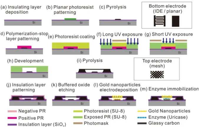 Figure  12.  Schematic  of  fabrication  steps  of  enzymatic  uric  acid  sensor  based  on  gold  nanoparticles  decorated  sandwich  electrodes  which  is  evaluated  in  this  work