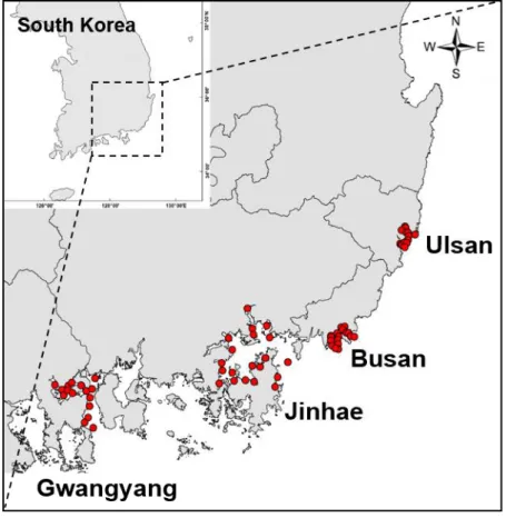 Figure 4. Sampling map for coastal sediments in South Korea: Ulsan, Busan, Jinhae, and Gwangyang