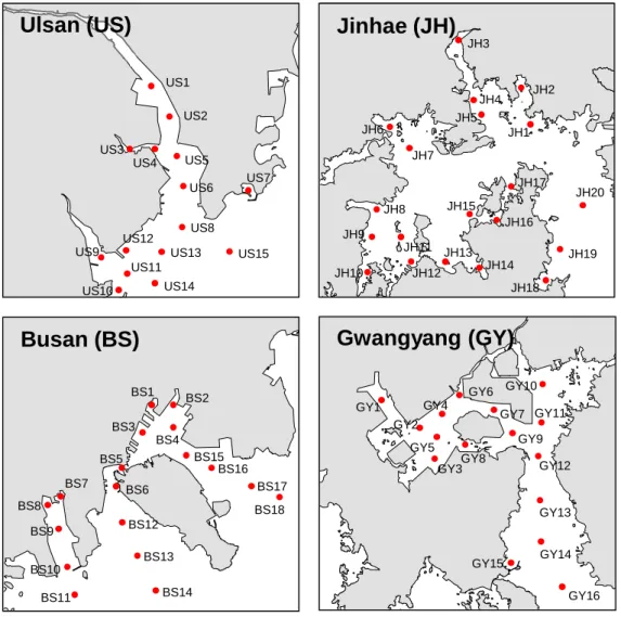 Figure 5. Locations of coastal sediment sampling sites in each bay. 
