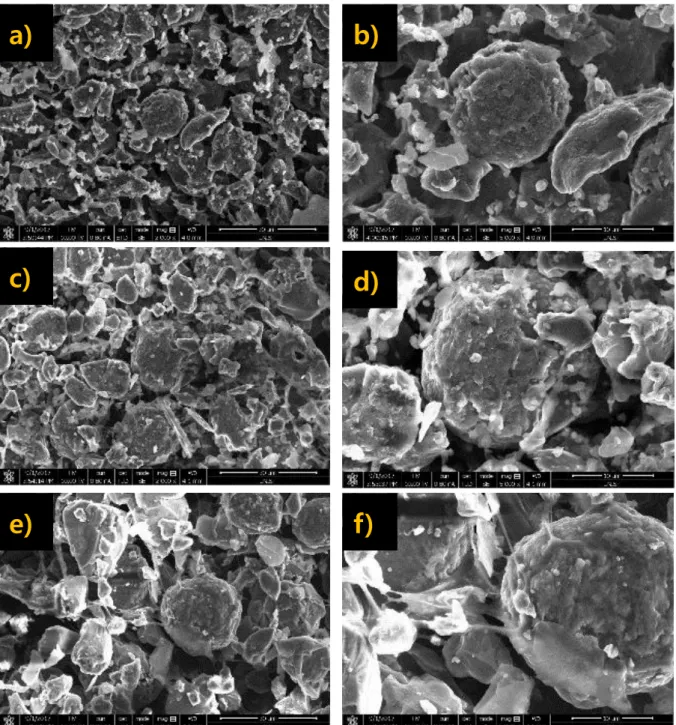 Figure 26. The SEM image of freeze-dried slurry of a) High SBR low CMC ratio c) middle SBR and CMC ratio e) low SBR  high CMC ratio and expanded SEM image of freeze-dried slurry of b)High SBR low CMC ratio d) middle SBR and CMC  ratio f) low SBR high CMC r