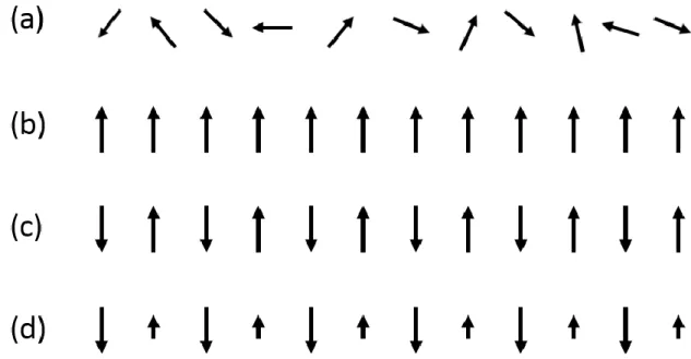 Fig. 1.3. Behaviors of electron spins in one-dimension; (a) paramagnetic; (b) ferromagnetic; (c)  antiferromagnetic; (d) ferrimagnetic materials