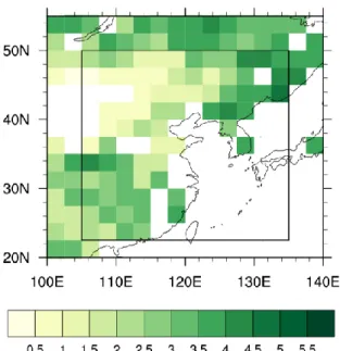 Fig. 2.2. The average of LAI (m 2  m -2 ) over East Asia during summer from 1982 to 2010   