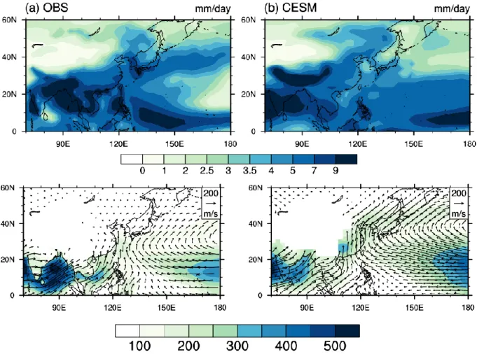 Fig. 3.2. JJA mean precipitation (mm day -1 , upper panel) and integrated water vapor transport    (kg m -1  s -1 , bottom panel)