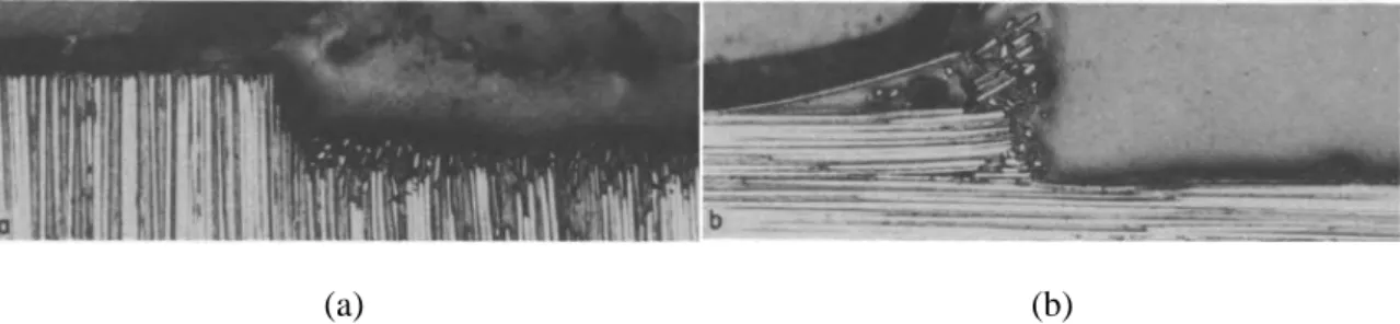 Fig. 2-9 Cross section of specimens in CFRP cutting; (a) fiber angle 90° , (b) 0° [35]