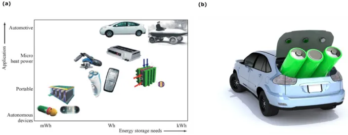 Figure 1.1 (a) various batteries applications of industry and (b) electrical vehicles