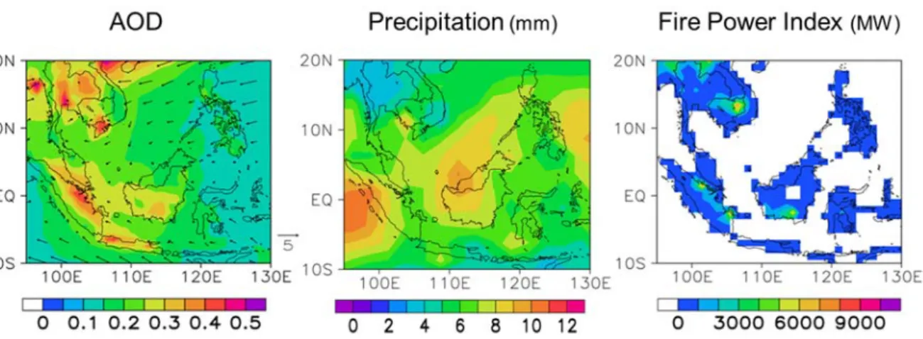 Figure III-1. Spatial distribution map of annual averaged aerosol optical depth, precipitation, and fire  power index during 2001 – 2015 (left to right) 