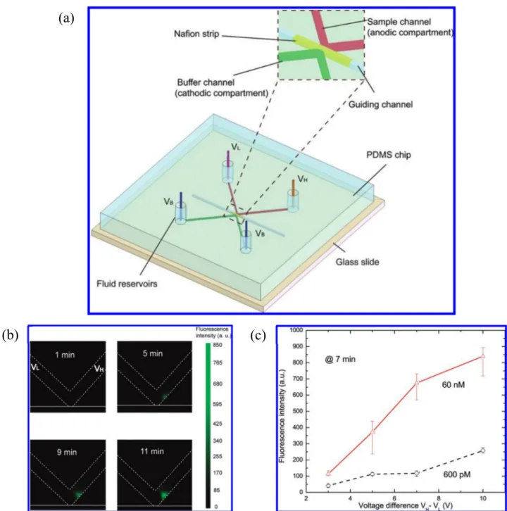Figure  1.1  Schematic  illustration  of  DC-ICP  device  and  experimental  results  of  pre-concentration  in  it