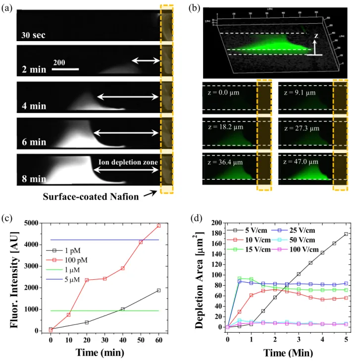 Figure 1.4 Experimental results of pre-concentration in SC-ICP device. (a) The intensity of fluorescence  variation with time and the development of ion depletion zone