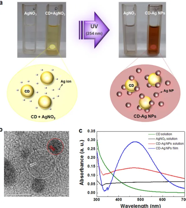 Figure  5.1.  Schematic  illustration  and  characterization  of  CD-Ag  NPs.  (a)  Photographs  and  schematic  illustration  of  AgNO 3   and  CD+AgNO 3   blend  solutions  (left)  before  and  (right)  after  UV  irradiation