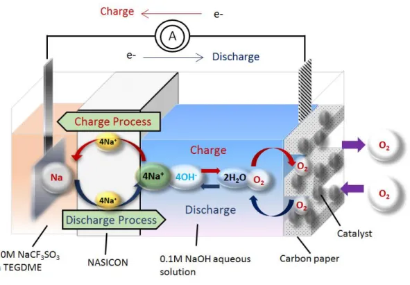Fig. 2 presents the structure of aqueous Na-air cell and the charge-discharge processes