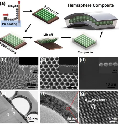 Figure 13. (a) Schematic diagrams of the fabrication process for the piezoelectric  hemispheres embedded stretchable composites