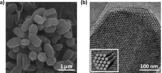 Figure 4.1. Characterization of the N,S,O-OMC. (a) SEM image, (b) TEM image taken parallel to the  pore direction