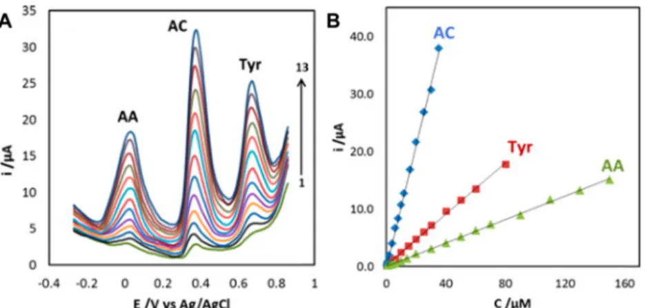 Figure 9. (A) DPVs at AuNP/MWCNT/GCE at pH 6.0 and di ﬀ erent concentrations of tyrosine (Tyr), acetaminophen (AC), and AA
