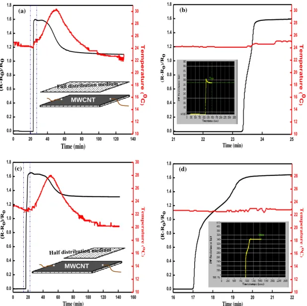 Fig. 3.2. Typical basic normalized electrical resistance response of a MWNT film coated single DBLT  glass  fiber  ply  using  point-electrode  :  (a)  using    a  full  distribution  medium  with  inset  schematic  illustration; (b) Magnification of (a) w