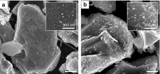Figure 2.3. SEM images of (a) the Ag and (b) the Cu deposited bulk Si particles at the same deposition  condition
