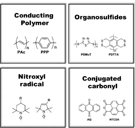 Figure 1.4. The main four type of organic electrode materials. 