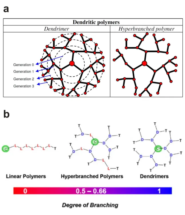 Figure 1. (a) Schematic illustration of dendrimer with generation 3 and HBP. (b) Comparison of linear,  HBP  and  dendrimers  as  a  function  of  the  degree  of  branching  (D:  dendritic  unit,  L:  linear  unit,  T: 