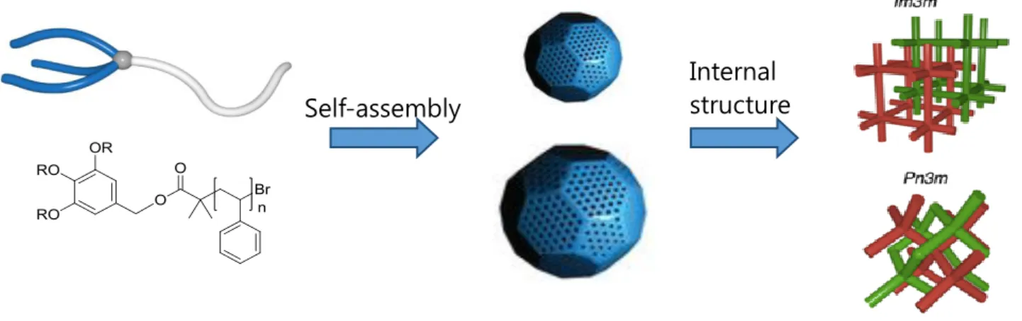 Figure 2.1 Self-assembly of block copolymers containing Tri-arm PEG hydrophilic block and linear  PS hydrophobic blcok