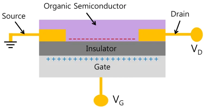 Figure 1.3｜Basic structure and working principles of organic field effect transistor. 