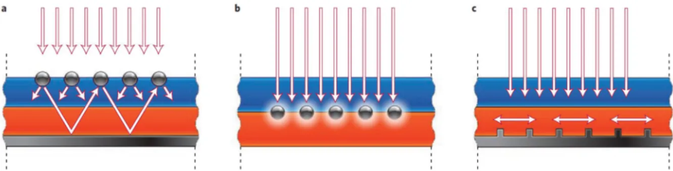 Figure 1.10｜(a) Light trapping by scattering from metal nanoparticles at the surface of the solar cell