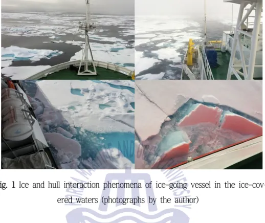 Fig. 1 Ice and hull interaction phenomena of ice-going vessel in the ice-cov- ice-cov-ered waters (photographs by the author)