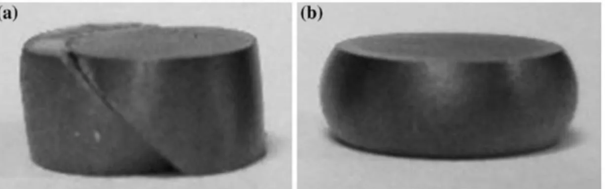 Figure 2는 Titanium 합금에 대한 통전성형 예시를 보여주고 있다. 왼쪽 사진은 통 전을 가하지 않고 압축을 가한 것이며 오른쪽은 통전을 하며 압축한 것이다